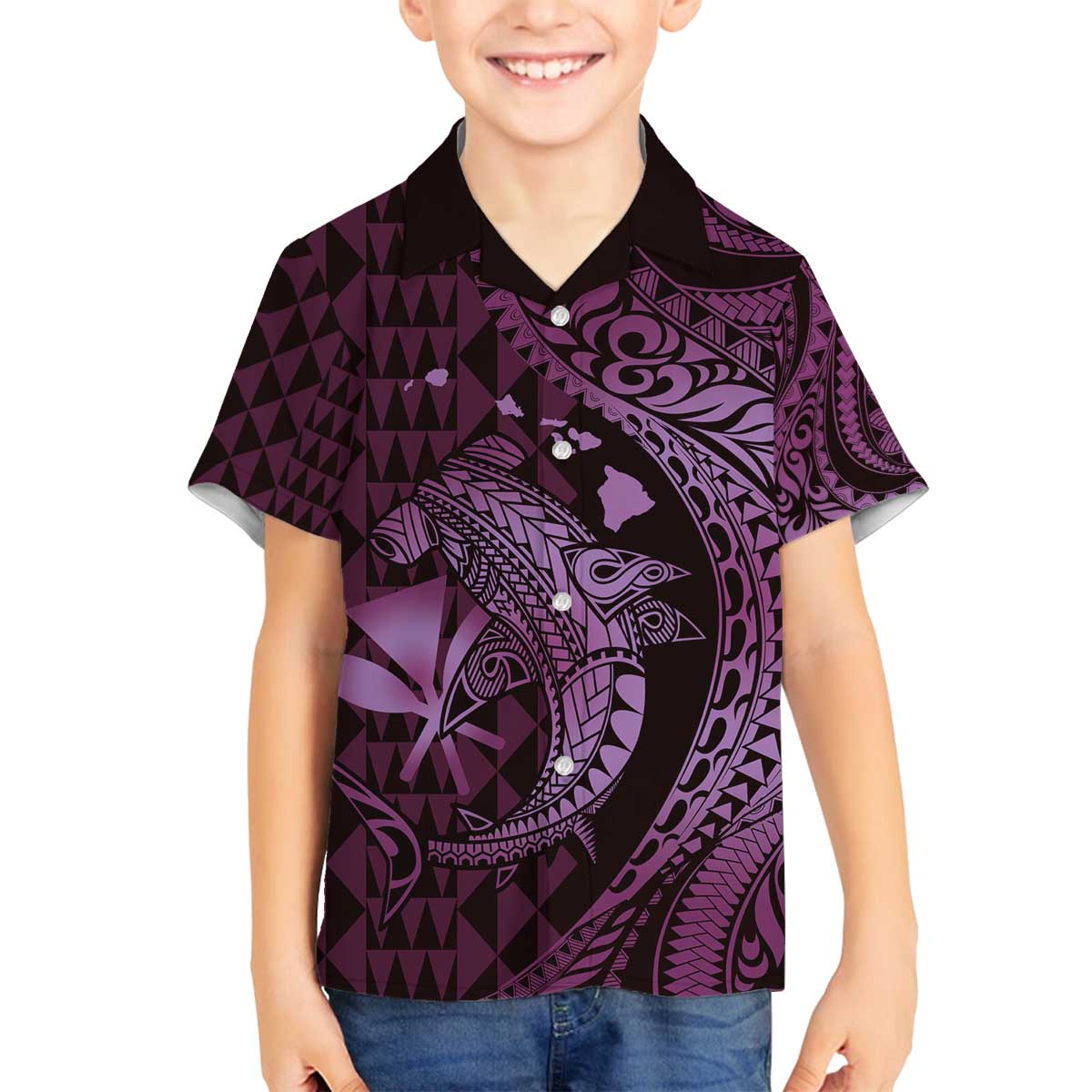 Aloha Hawaii Hammerhead Shark Family Matching Off Shoulder Short Dress and Hawaiian Shirt Purple Kakau and Polynesian Tattoo LT03 Son's Shirt Purple - Polynesian Pride