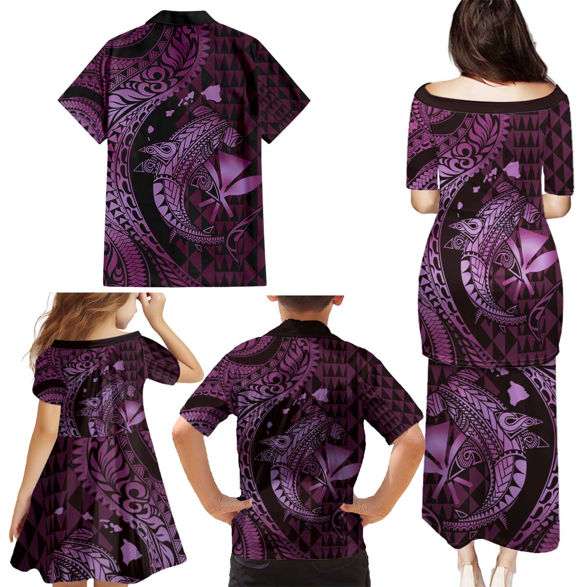 Aloha Hawaii Hammerhead Shark Family Matching Puletasi and Hawaiian Shirt Purple Kakau and Polynesian Tattoo LT03 - Polynesian Pride