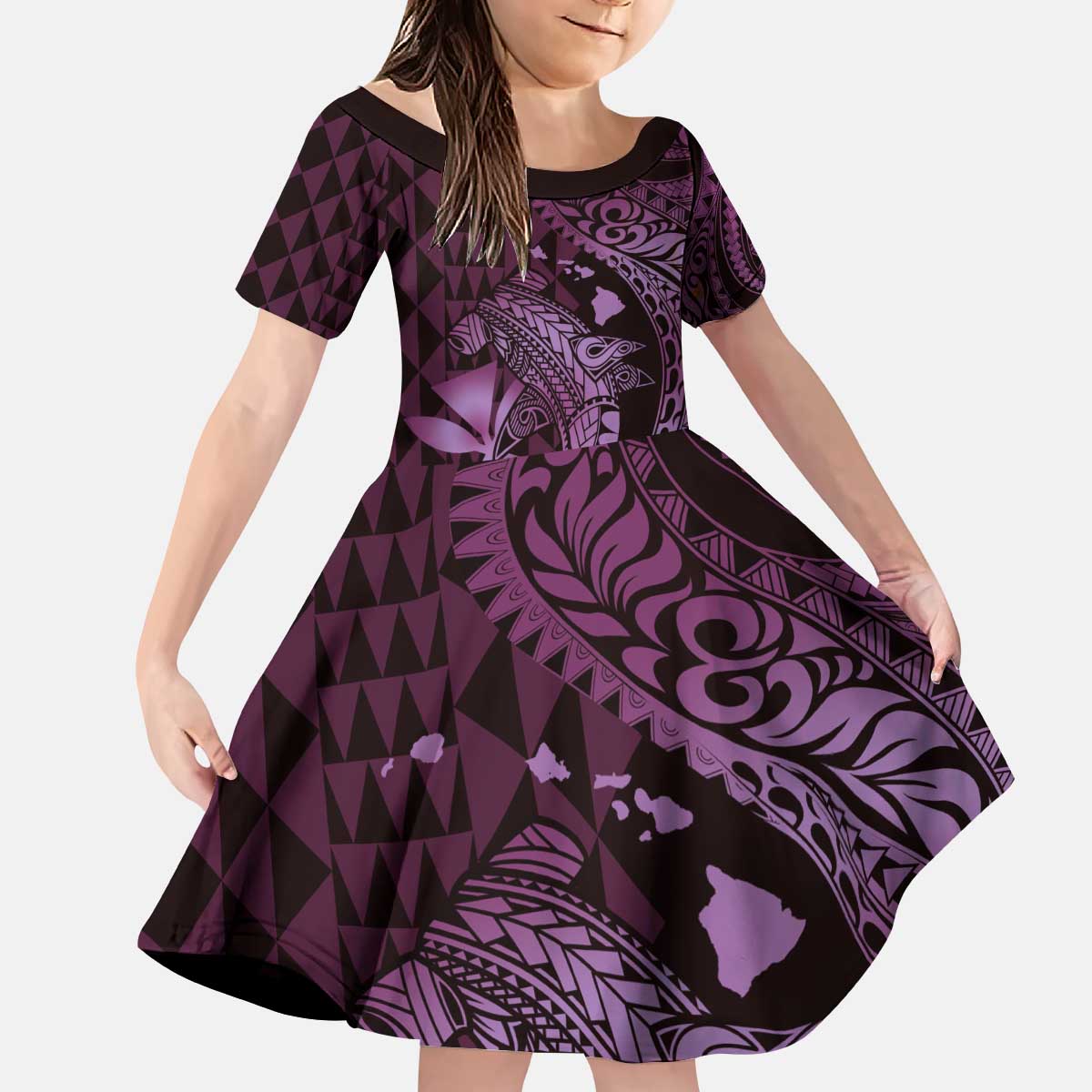 Aloha Hawaii Hammerhead Shark Kid Short Sleeve Dress Purple Kakau and Polynesian Tattoo LT03