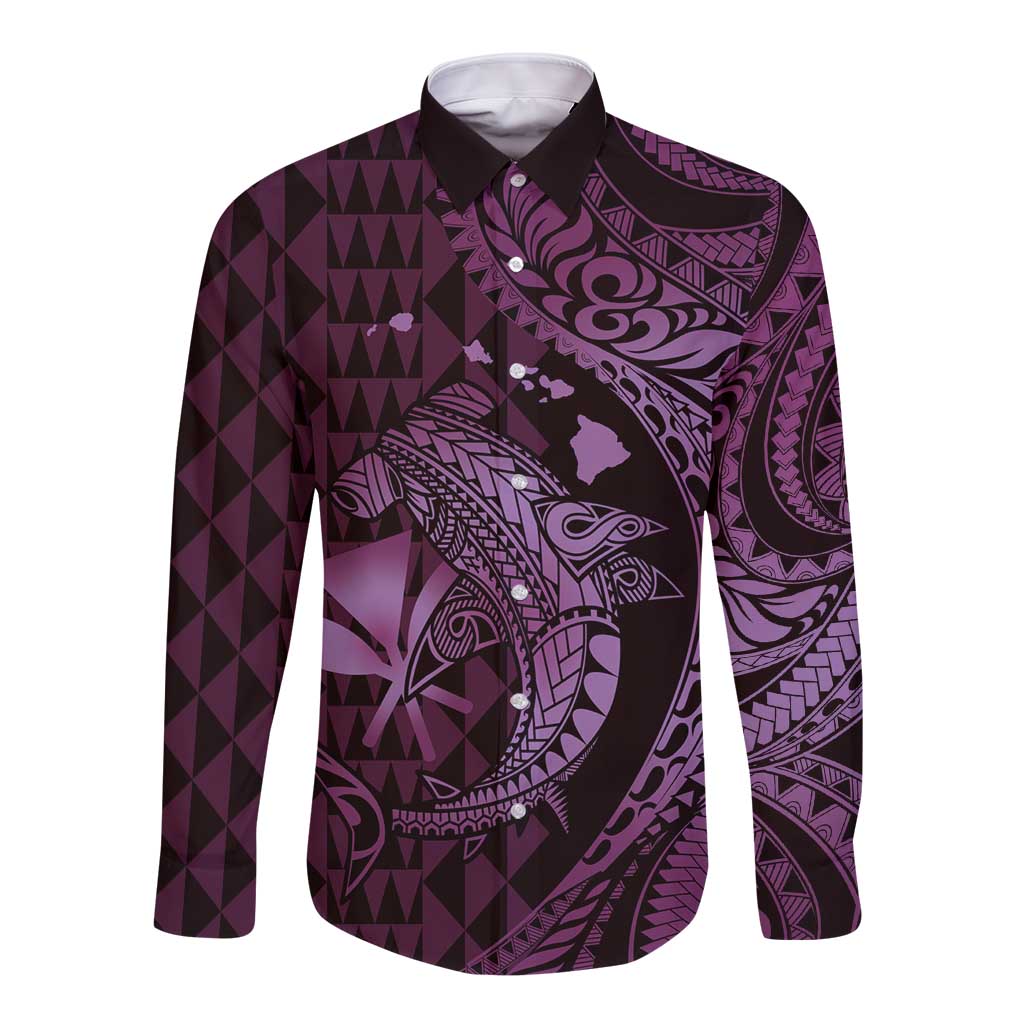 Aloha Hawaii Hammerhead Shark Long Sleeve Button Shirt Purple Kakau and Polynesian Tattoo LT03 Unisex Purple - Polynesian Pride