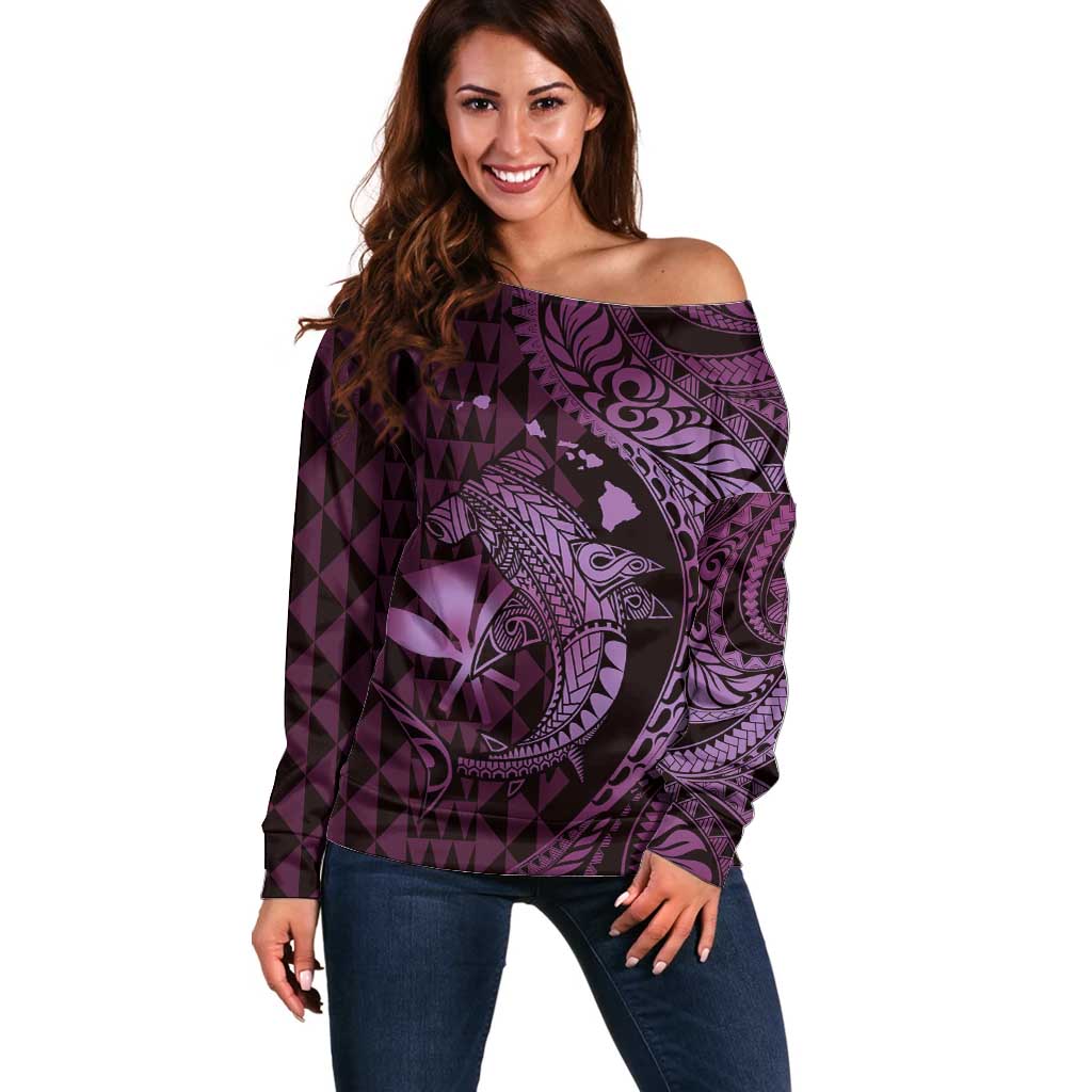 Aloha Hawaii Hammerhead Shark Off Shoulder Sweater Purple Kakau and Polynesian Tattoo LT03