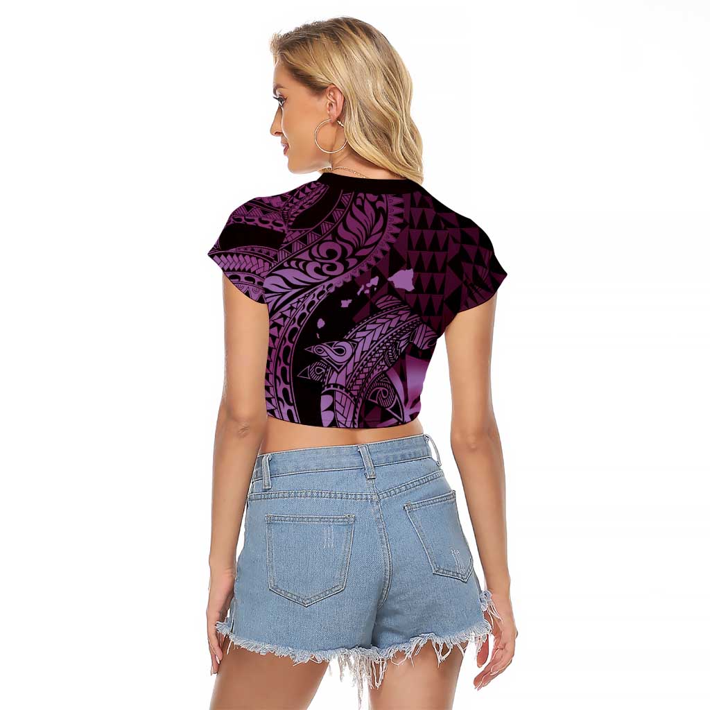 Aloha Hawaii Hammerhead Shark Raglan Cropped T Shirt Purple Kakau and Polynesian Tattoo LT03 - Polynesian Pride