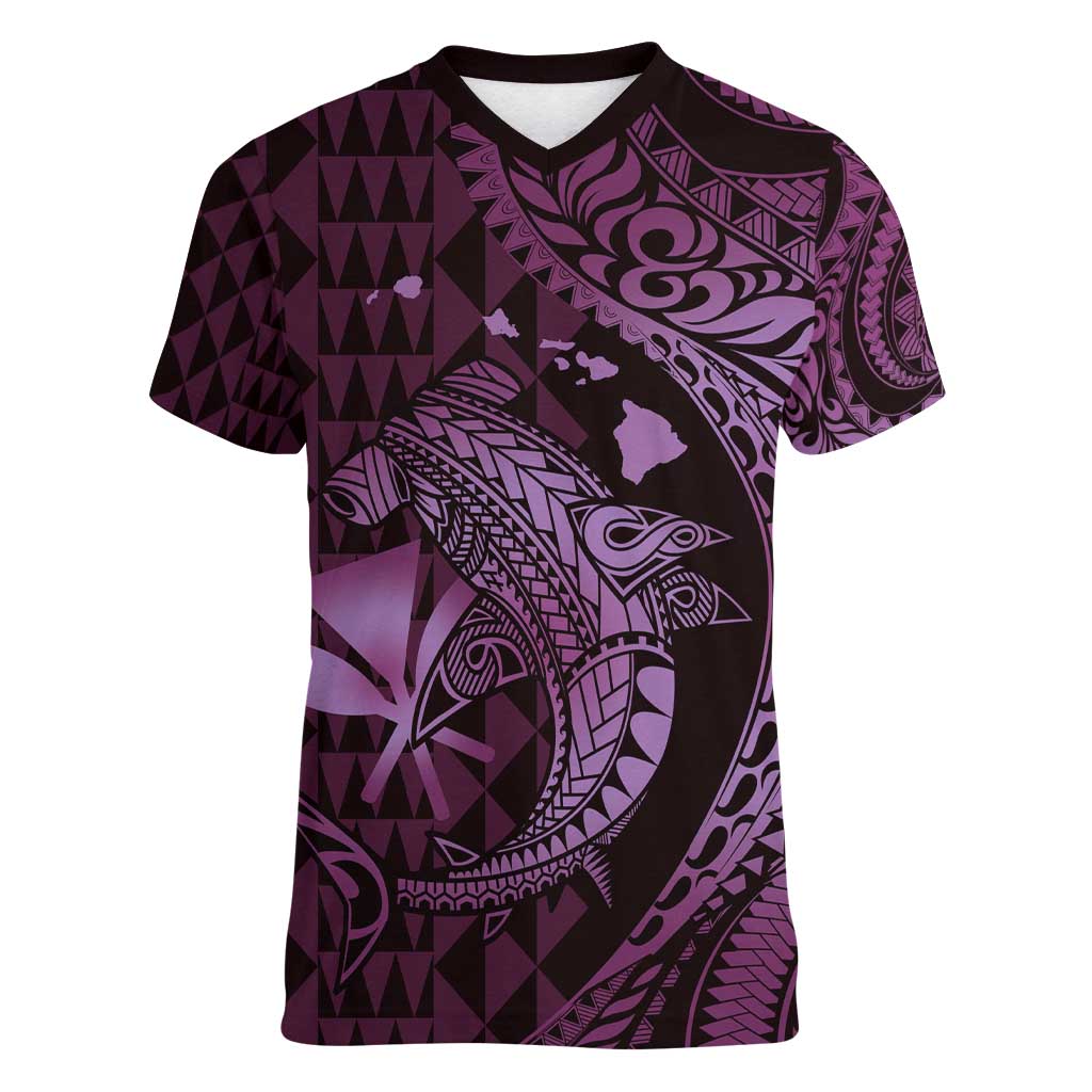 Aloha Hawaii Hammerhead Shark Women V-Neck T-Shirt Purple Kakau and Polynesian Tattoo LT03 Female Purple - Polynesian Pride
