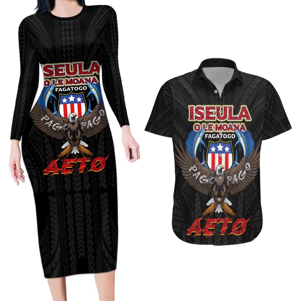 American Samoa Fautasi Couples Matching Long Sleeve Bodycon Dress and Hawaiian Shirt Pago Pago Aeto and Iseula o le Moana of Fagatogo Black Color - Polynesian Pride