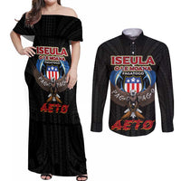 American Samoa Fautasi Couples Matching Off Shoulder Maxi Dress and Long Sleeve Button Shirt Pago Pago Aeto and Iseula o le Moana of Fagatogo Black Color - Polynesian Pride