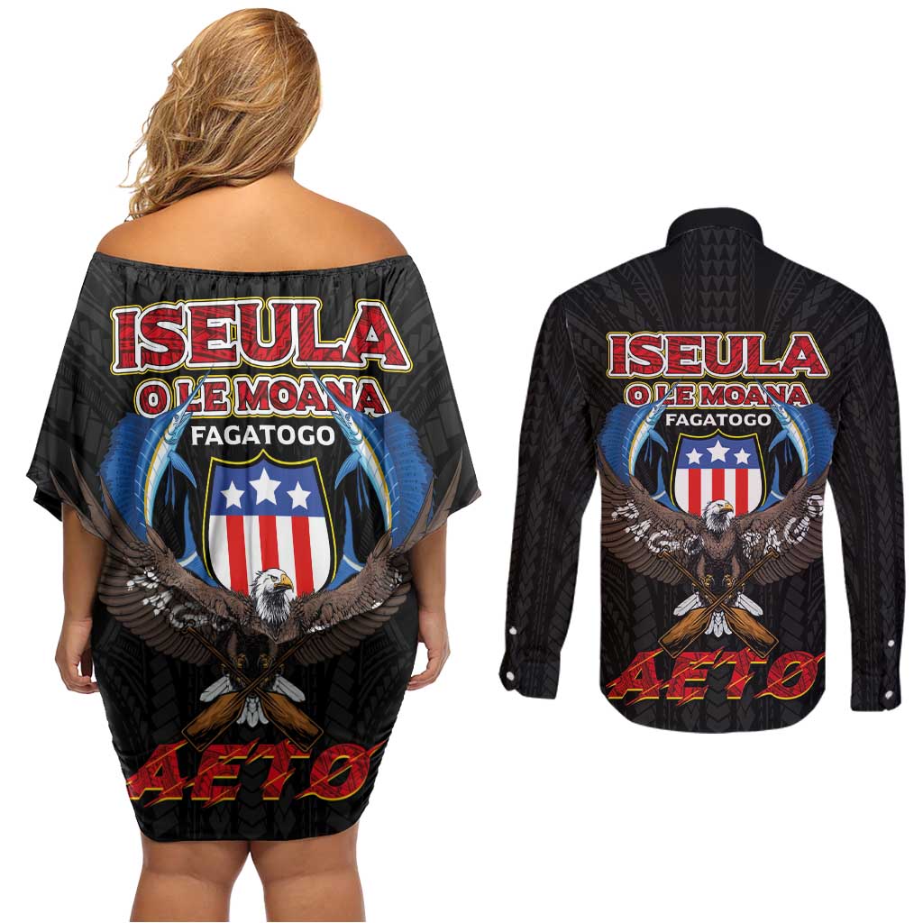 American Samoa Fautasi Couples Matching Off Shoulder Short Dress and Long Sleeve Button Shirt Pago Pago Aeto and Iseula o le Moana of Fagatogo Black Color - Polynesian Pride