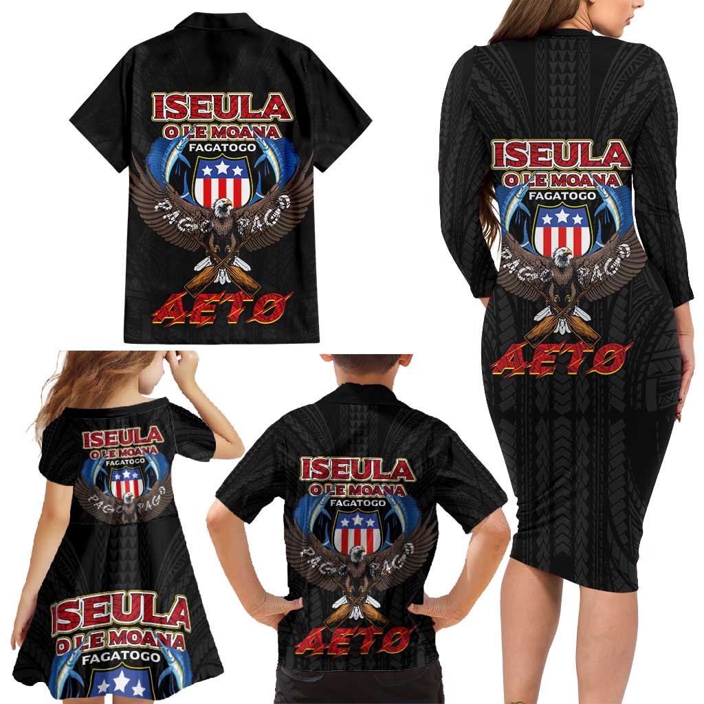 American Samoa Fautasi Family Matching Long Sleeve Bodycon Dress and Hawaiian Shirt Pago Pago Aeto and Iseula o le Moana of Fagatogo Black Color - Polynesian Pride