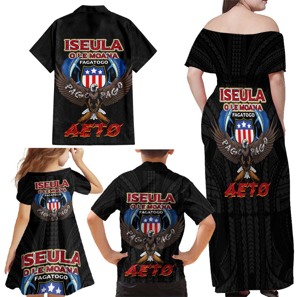 American Samoa Fautasi Family Matching Off Shoulder Maxi Dress and Hawaiian Shirt Pago Pago Aeto and Iseula o le Moana of Fagatogo Black Color - Polynesian Pride