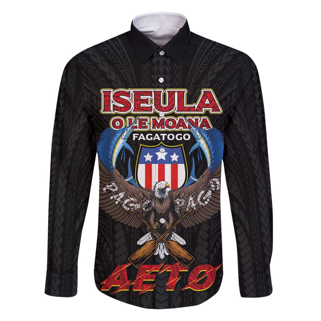 American Samoa Fautasi Family Matching Off Shoulder Maxi Dress and Hawaiian Shirt Pago Pago Aeto and Iseula o le Moana of Fagatogo Black Color - Polynesian Pride