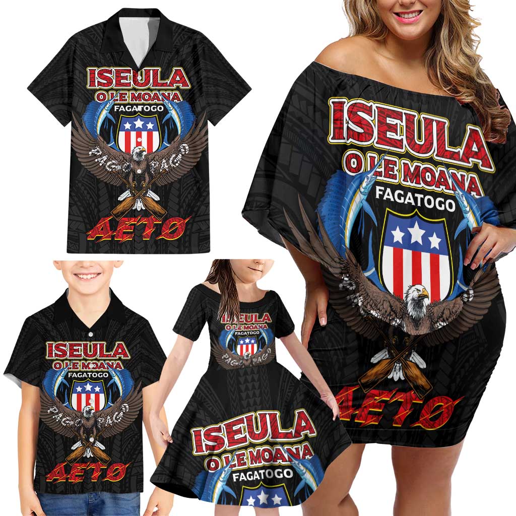 American Samoa Fautasi Family Matching Off Shoulder Short Dress and Hawaiian Shirt Pago Pago Aeto and Iseula o le Moana of Fagatogo Black Color - Polynesian Pride