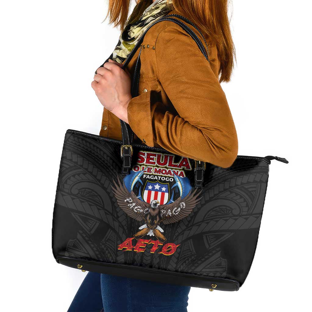 American Samoa Fautasi Leather Tote Bag Pago Pago Aeto and Iseula o le Moana of Fagatogo Black Color LT03 Black - Polynesian Pride