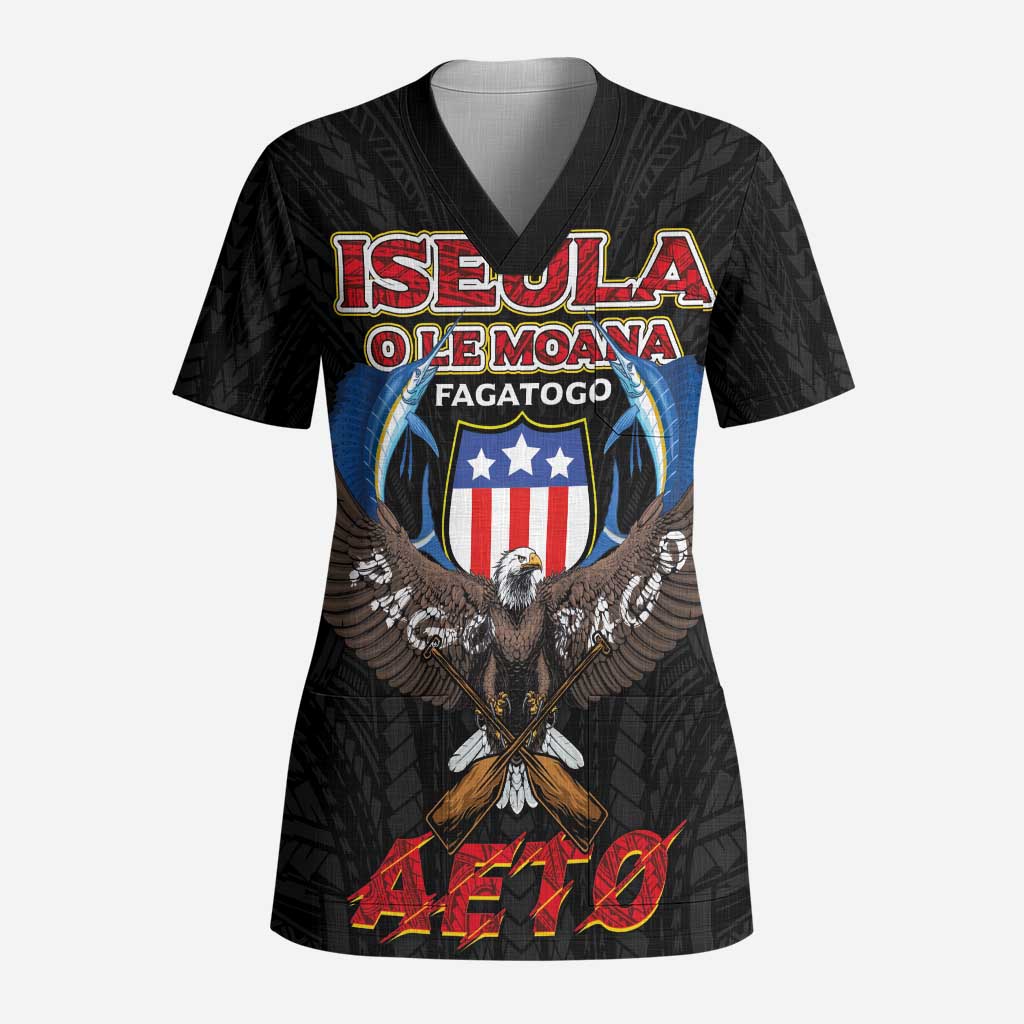 American Samoa Fautasi Scrub Top Pago Pago Aeto and Iseula o le Moana of Fagatogo Black Color LT03 Adult Black - Polynesian Pride