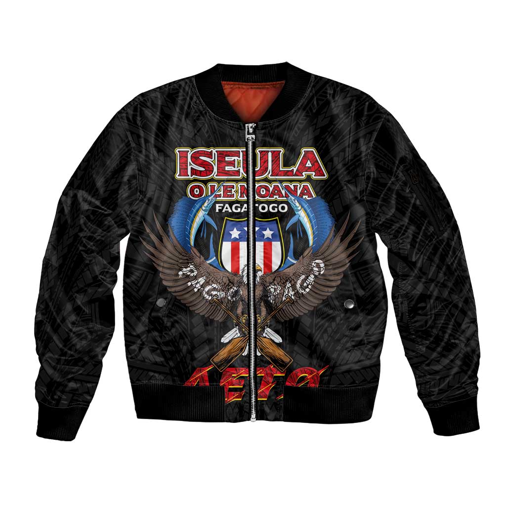 American Samoa Fautasi Sleeve Zip Bomber Jacket Pago Pago Aeto and Iseula o le Moana of Fagatogo Black Color - Polynesian Pride