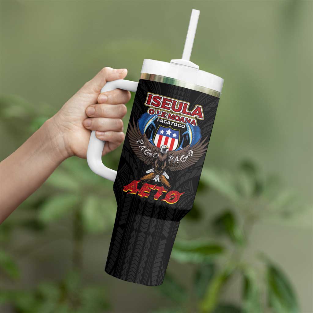 American Samoa Fautasi Tumbler With Handle Pago Pago Aeto and Iseula o le Moana of Fagatogo Black Color LT03 - Polynesian Pride