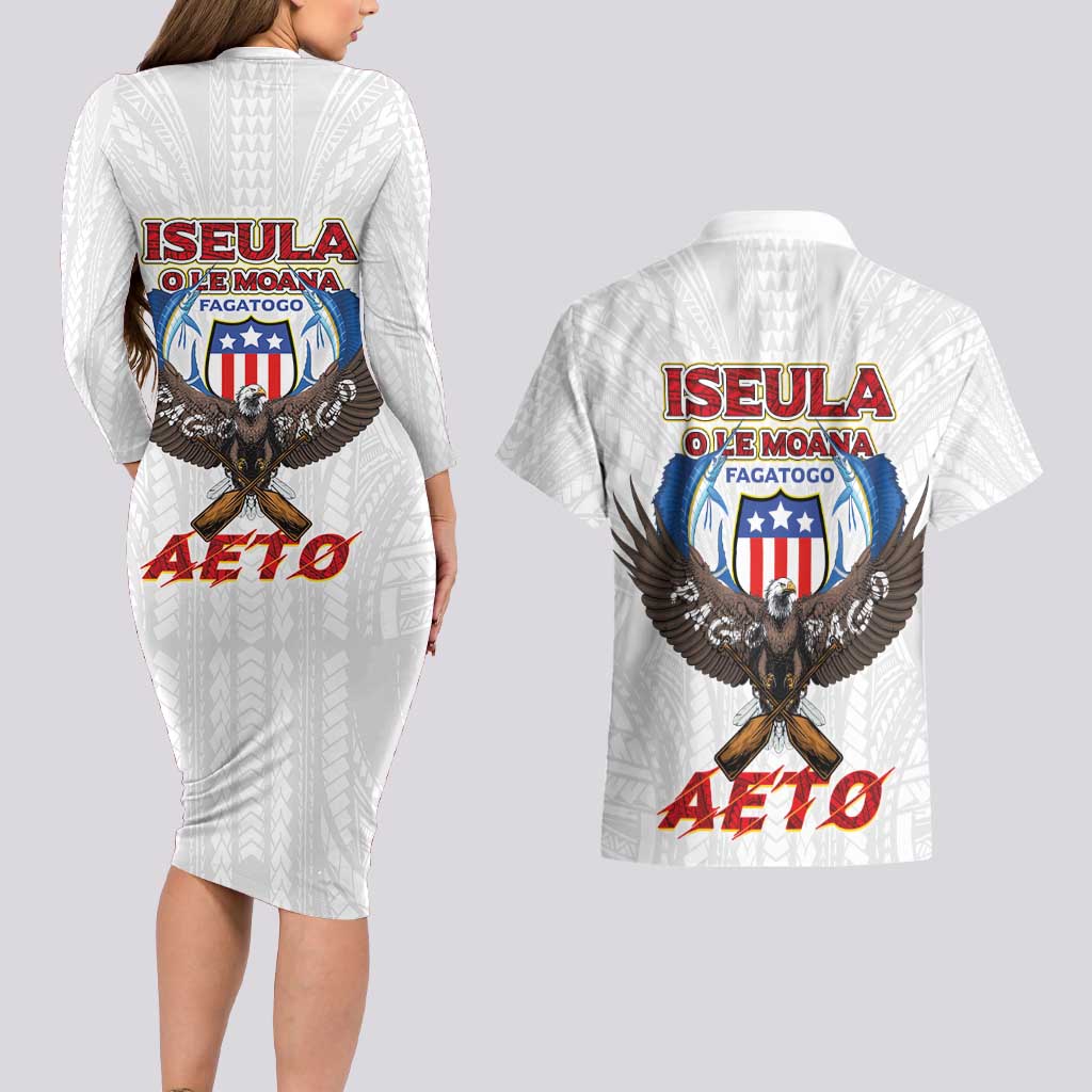 American Samoa Fautasi Couples Matching Long Sleeve Bodycon Dress and Hawaiian Shirt Pago Pago Aeto and Iseula o le Moana of Fagatogo White Color - Polynesian Pride