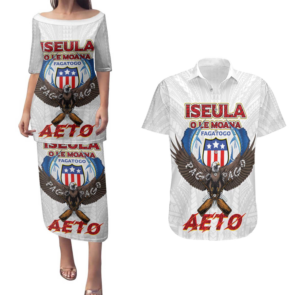 American Samoa Fautasi Couples Matching Puletasi and Hawaiian Shirt Pago Pago Aeto and Iseula o le Moana of Fagatogo White Color LT03 White - Polynesian Pride