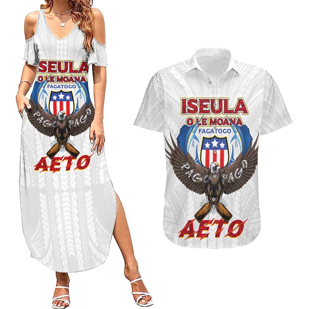 American Samoa Fautasi Couples Matching Summer Maxi Dress and Hawaiian Shirt Pago Pago Aeto and Iseula o le Moana of Fagatogo White Color - Polynesian Pride