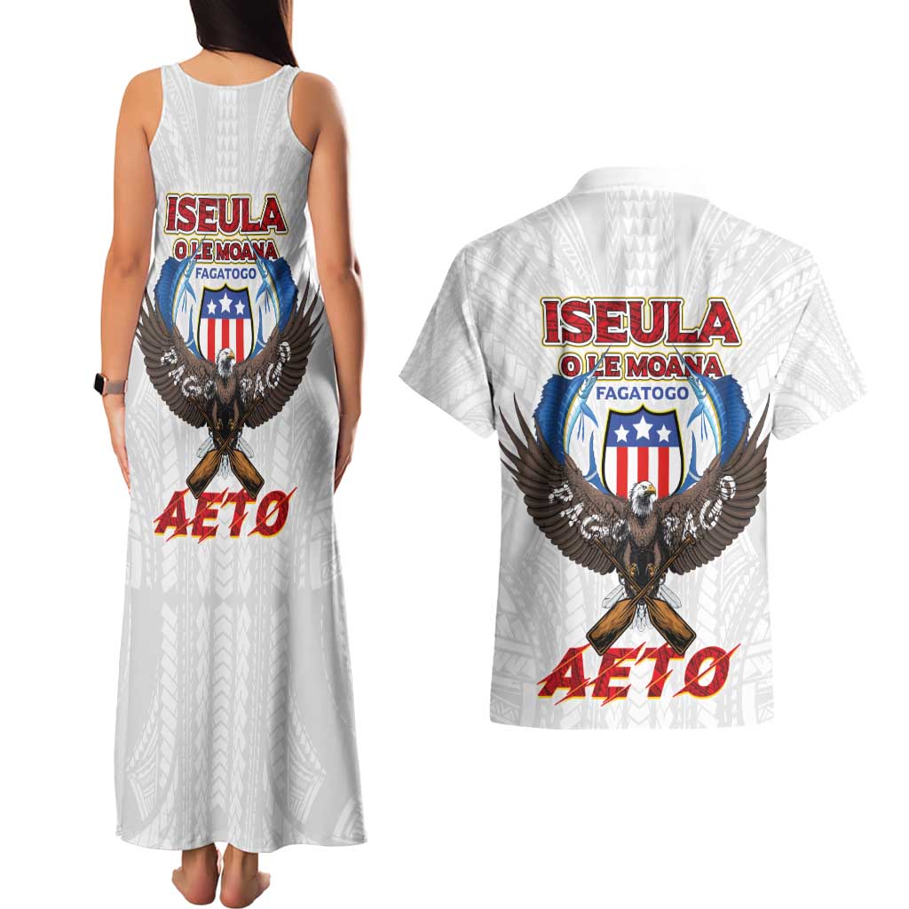 American Samoa Fautasi Couples Matching Tank Maxi Dress and Hawaiian Shirt Pago Pago Aeto and Iseula o le Moana of Fagatogo White Color - Polynesian Pride