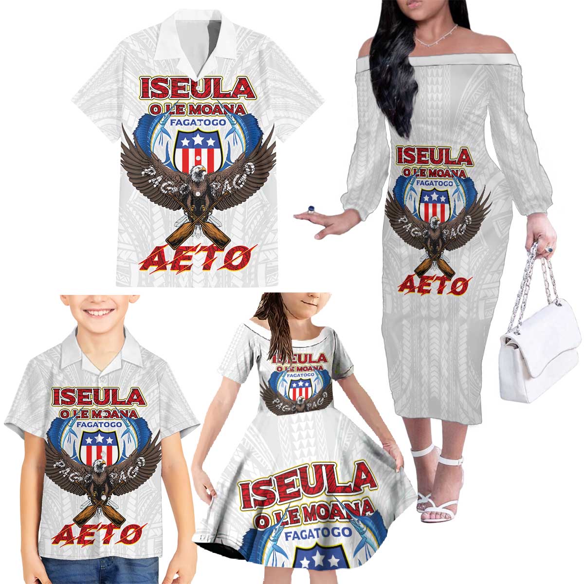 American Samoa Fautasi Family Matching Off The Shoulder Long Sleeve Dress and Hawaiian Shirt Pago Pago Aeto and Iseula o le Moana of Fagatogo White Color - Polynesian Pride