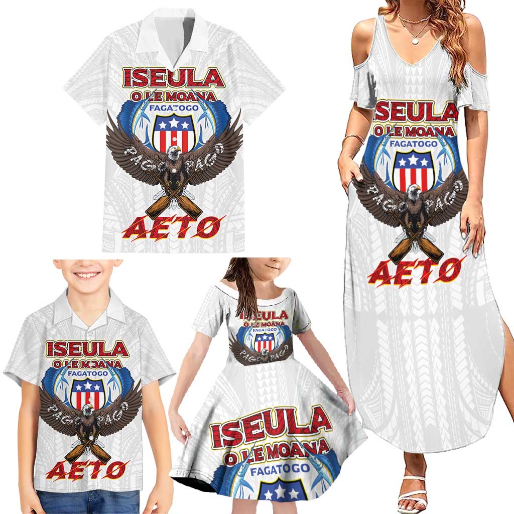 American Samoa Fautasi Family Matching Summer Maxi Dress and Hawaiian Shirt Pago Pago Aeto and Iseula o le Moana of Fagatogo White Color - Polynesian Pride