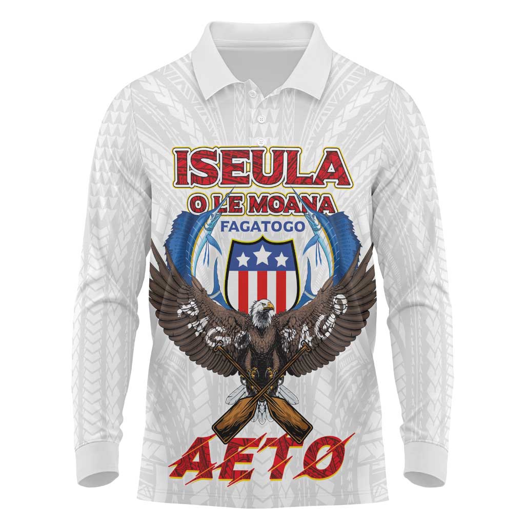 American Samoa Fautasi Long Sleeve Polo Shirt Pago Pago Aeto and Iseula o le Moana of Fagatogo White Color LT03 White - Polynesian Pride