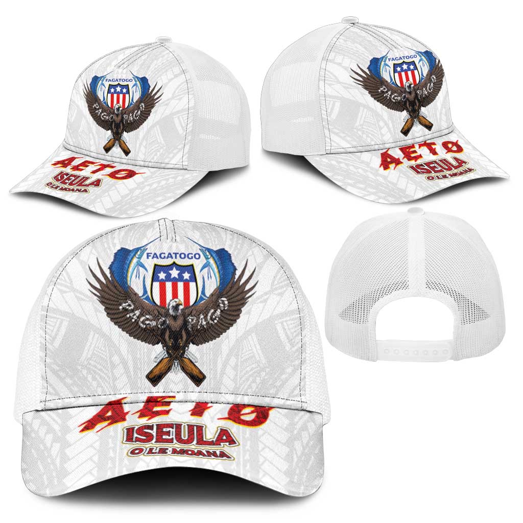 American Samoa Fautasi Mesh Trucker Cap Pago Pago Aeto and Iseula o le Moana of Fagatogo White Color - Polynesian Pride