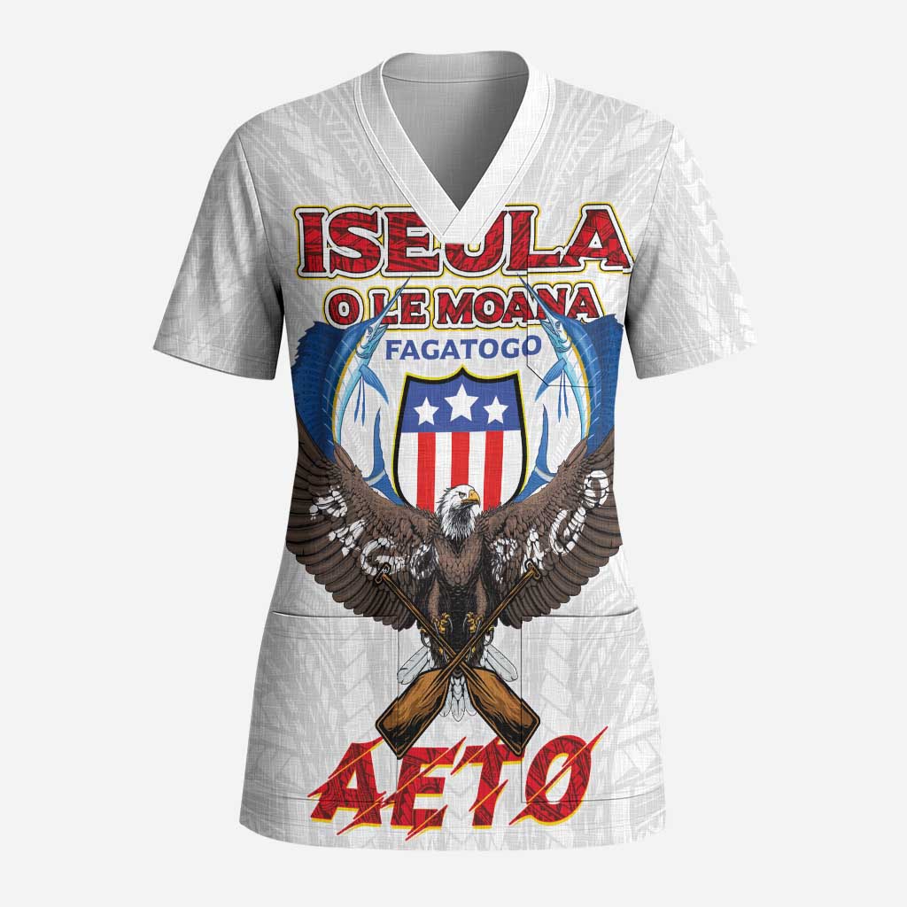 American Samoa Fautasi Scrub Top Pago Pago Aeto and Iseula o le Moana of Fagatogo White Color LT03 Adult White - Polynesian Pride
