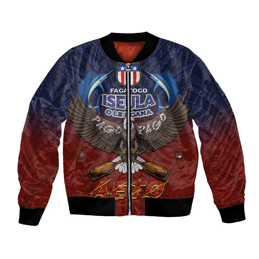 American Samoa Fautasi Bomber Jacket Pago Pago Aeto and Iseula o le Moana of Fagatogo Red-Blue LT03 Unisex Blue - Polynesian Pride