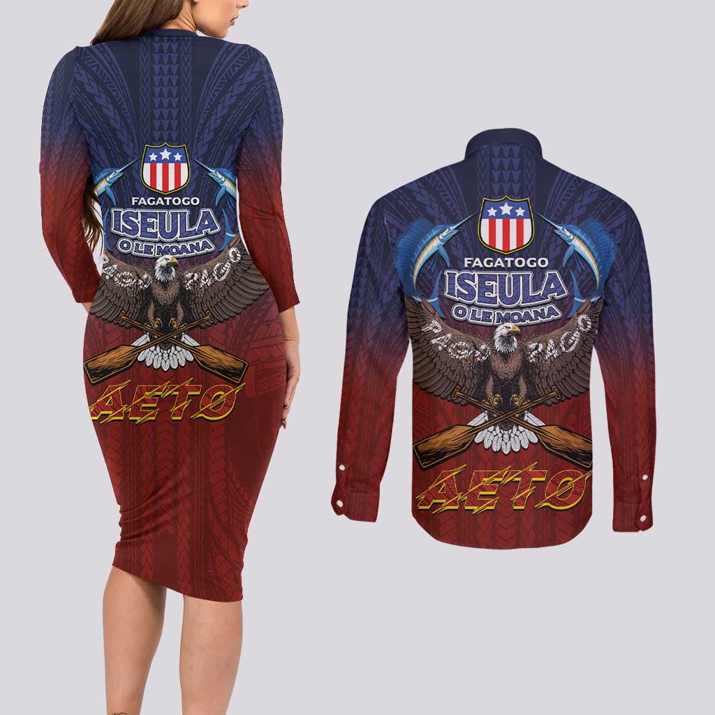 American Samoa Fautasi Couples Matching Long Sleeve Bodycon Dress and Long Sleeve Button Shirt Pago Pago Aeto and Iseula o le Moana of Fagatogo Red-Blue - Polynesian Pride