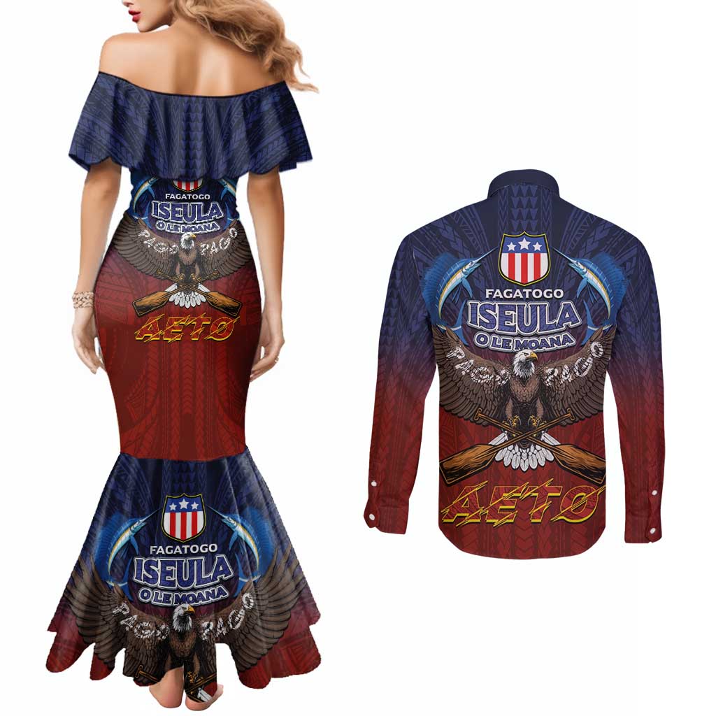 American Samoa Fautasi Couples Matching Mermaid Dress and Long Sleeve Button Shirt Pago Pago Aeto and Iseula o le Moana of Fagatogo Red-Blue - Polynesian Pride