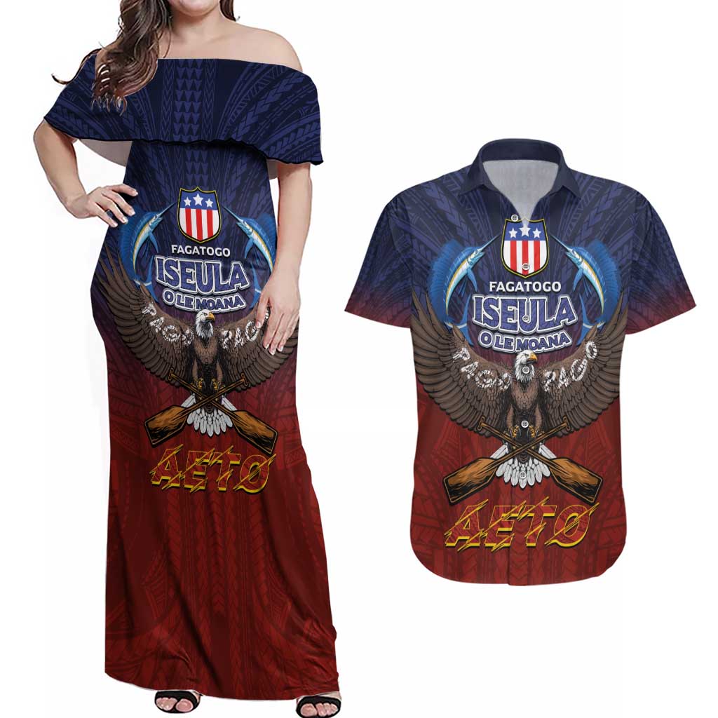 American Samoa Fautasi Couples Matching Off Shoulder Maxi Dress and Hawaiian Shirt Pago Pago Aeto and Iseula o le Moana of Fagatogo Red-Blue - Polynesian Pride
