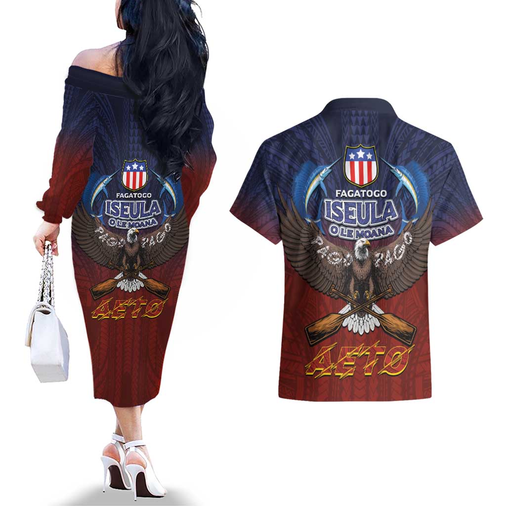 American Samoa Fautasi Couples Matching Off The Shoulder Long Sleeve Dress and Hawaiian Shirt Pago Pago Aeto and Iseula o le Moana of Fagatogo Red-Blue - Polynesian Pride