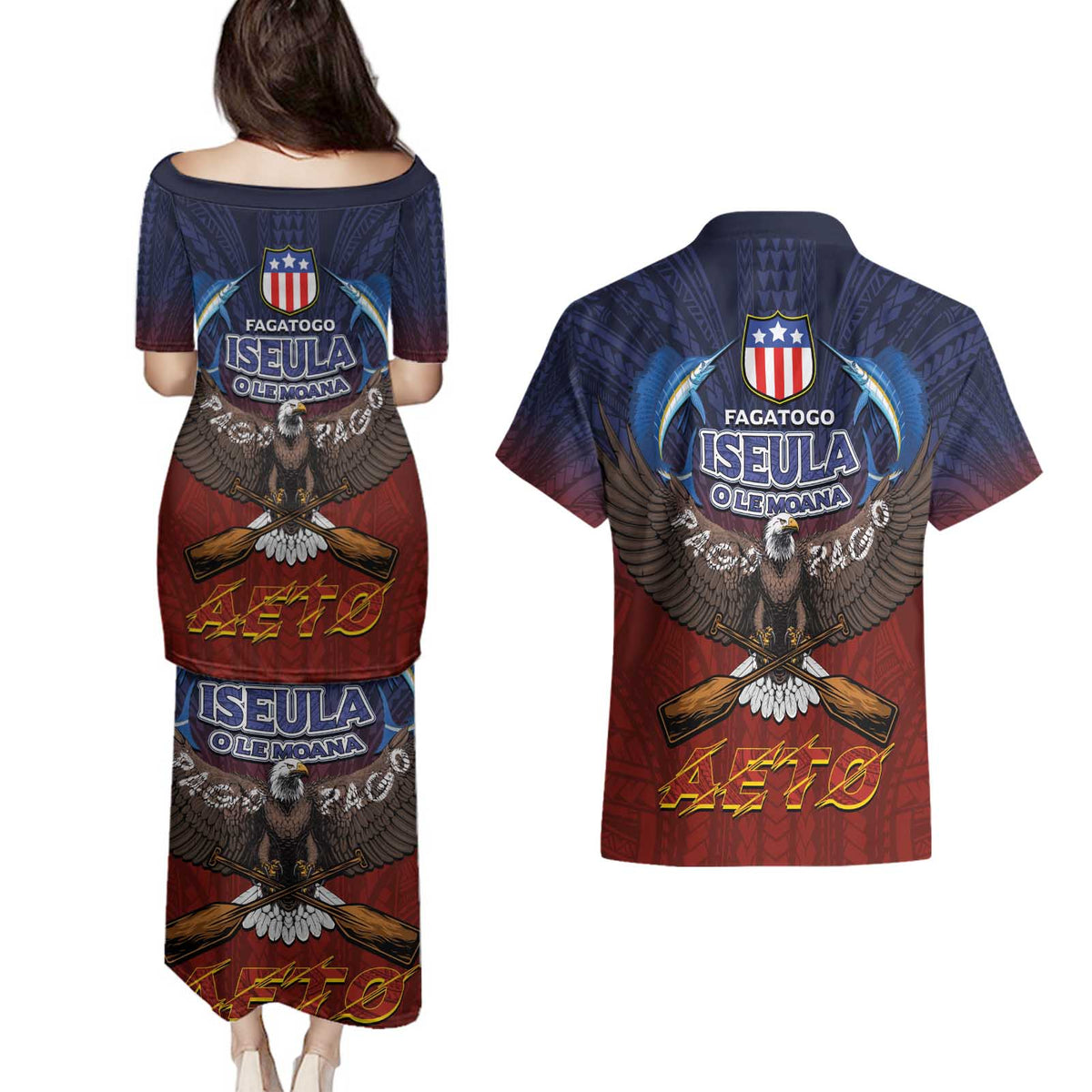 American Samoa Fautasi Couples Matching Puletasi and Hawaiian Shirt Pago Pago Aeto and Iseula o le Moana of Fagatogo Red-Blue LT03 - Polynesian Pride