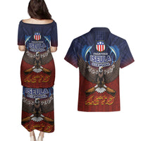 American Samoa Fautasi Couples Matching Puletasi and Hawaiian Shirt Pago Pago Aeto and Iseula o le Moana of Fagatogo Red-Blue LT03 - Polynesian Pride