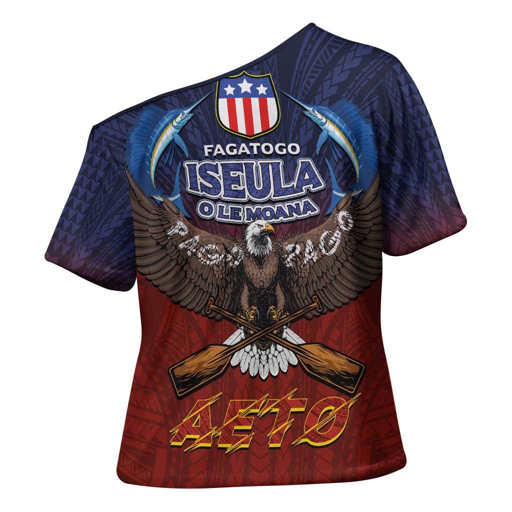 American Samoa Fautasi Cross Shoulder Shirt Pago Pago Aeto and Iseula o le Moana of Fagatogo Red-Blue - Polynesian Pride