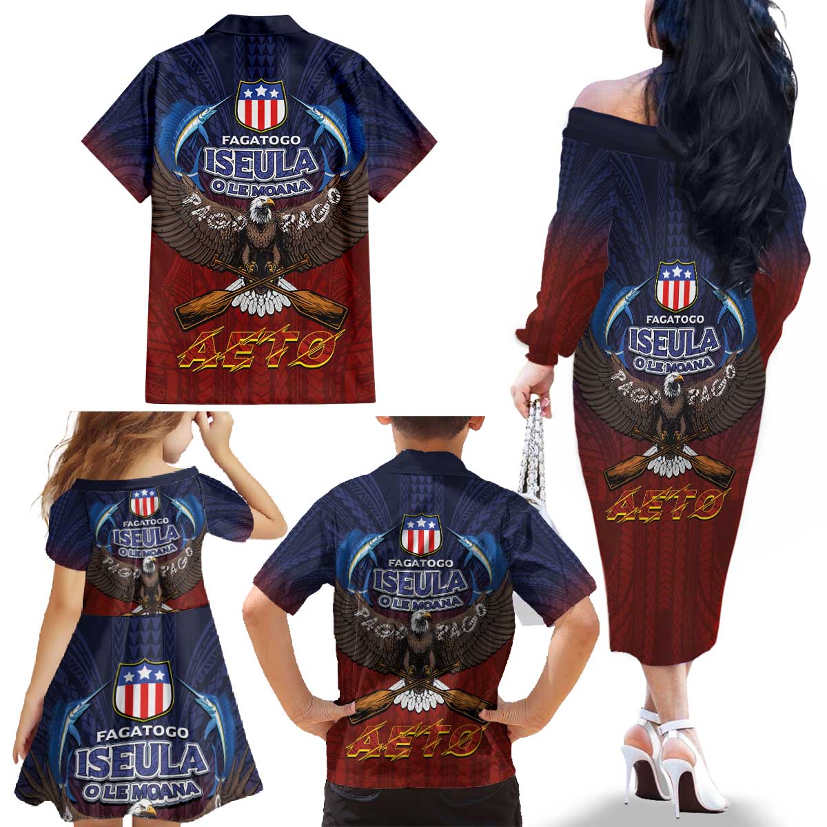 American Samoa Fautasi Family Matching Off The Shoulder Long Sleeve Dress and Hawaiian Shirt Pago Pago Aeto and Iseula o le Moana of Fagatogo Red-Blue - Polynesian Pride