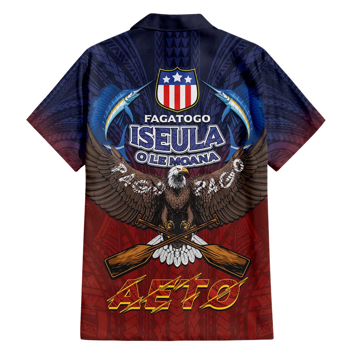 American Samoa Fautasi Family Matching Off The Shoulder Long Sleeve Dress and Hawaiian Shirt Pago Pago Aeto and Iseula o le Moana of Fagatogo Red-Blue - Polynesian Pride