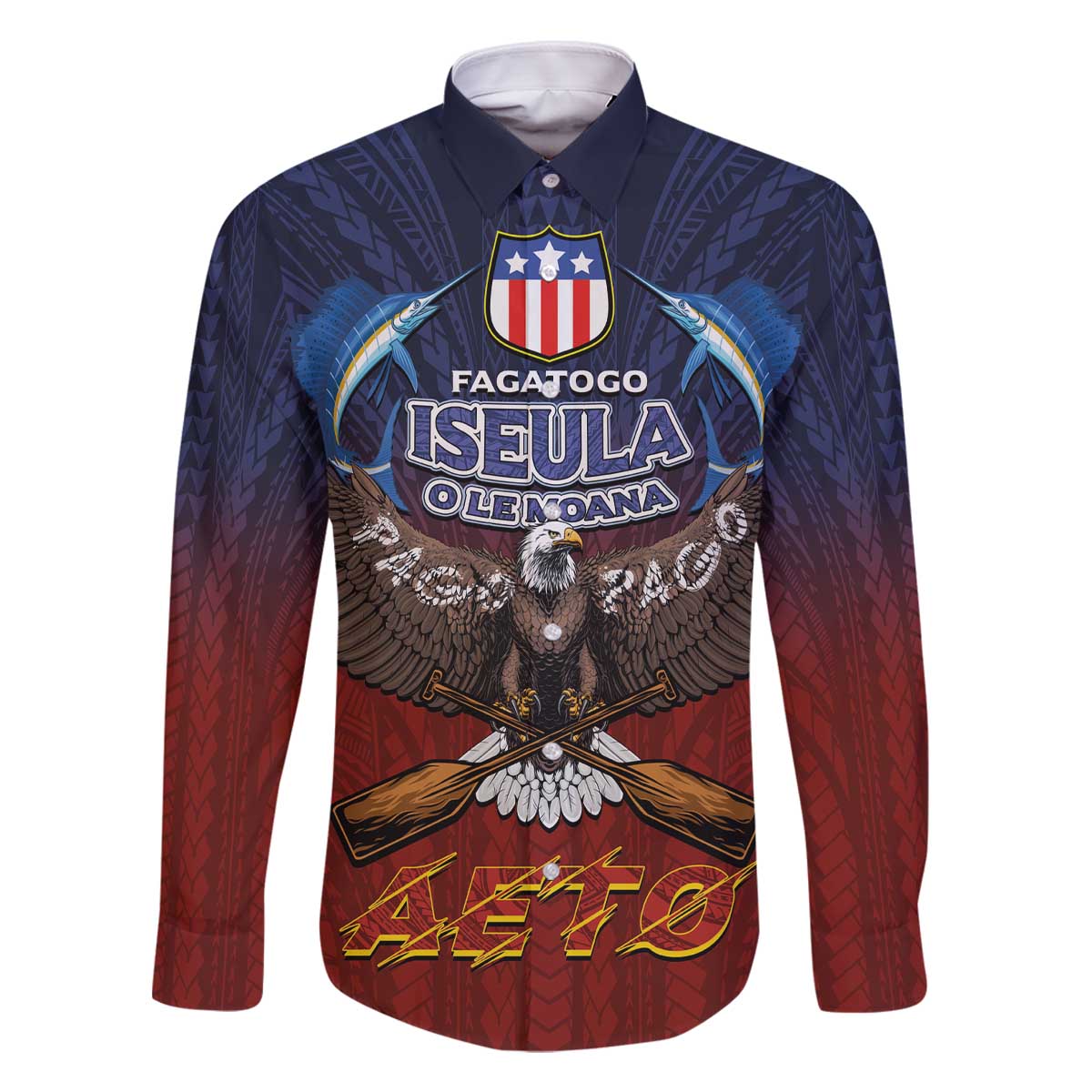 American Samoa Fautasi Family Matching Off The Shoulder Long Sleeve Dress and Hawaiian Shirt Pago Pago Aeto and Iseula o le Moana of Fagatogo Red-Blue - Polynesian Pride