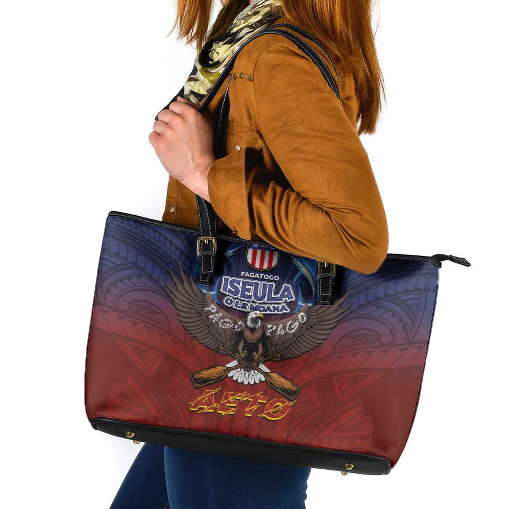 American Samoa Fautasi Leather Tote Bag Pago Pago Aeto and Iseula o le Moana of Fagatogo Red-Blue LT03 Blue - Polynesian Pride