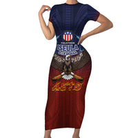 American Samoa Fautasi Short Sleeve Bodycon Dress Pago Pago Aeto and Iseula o le Moana of Fagatogo Red-Blue - Polynesian Pride