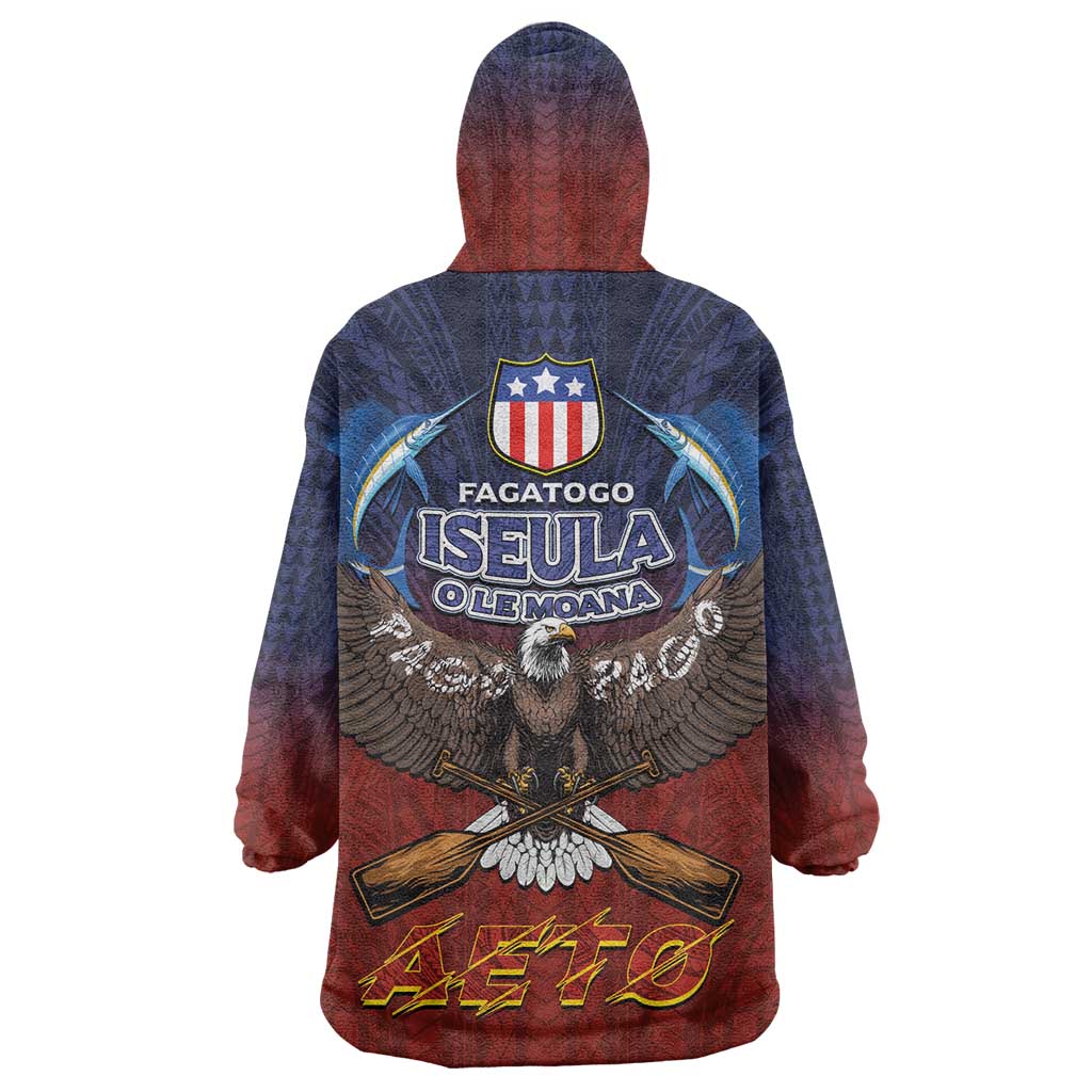 American Samoa Fautasi Wearable Blanket Hoodie Pago Pago Aeto and Iseula o le Moana of Fagatogo Red-Blue - Polynesian Pride