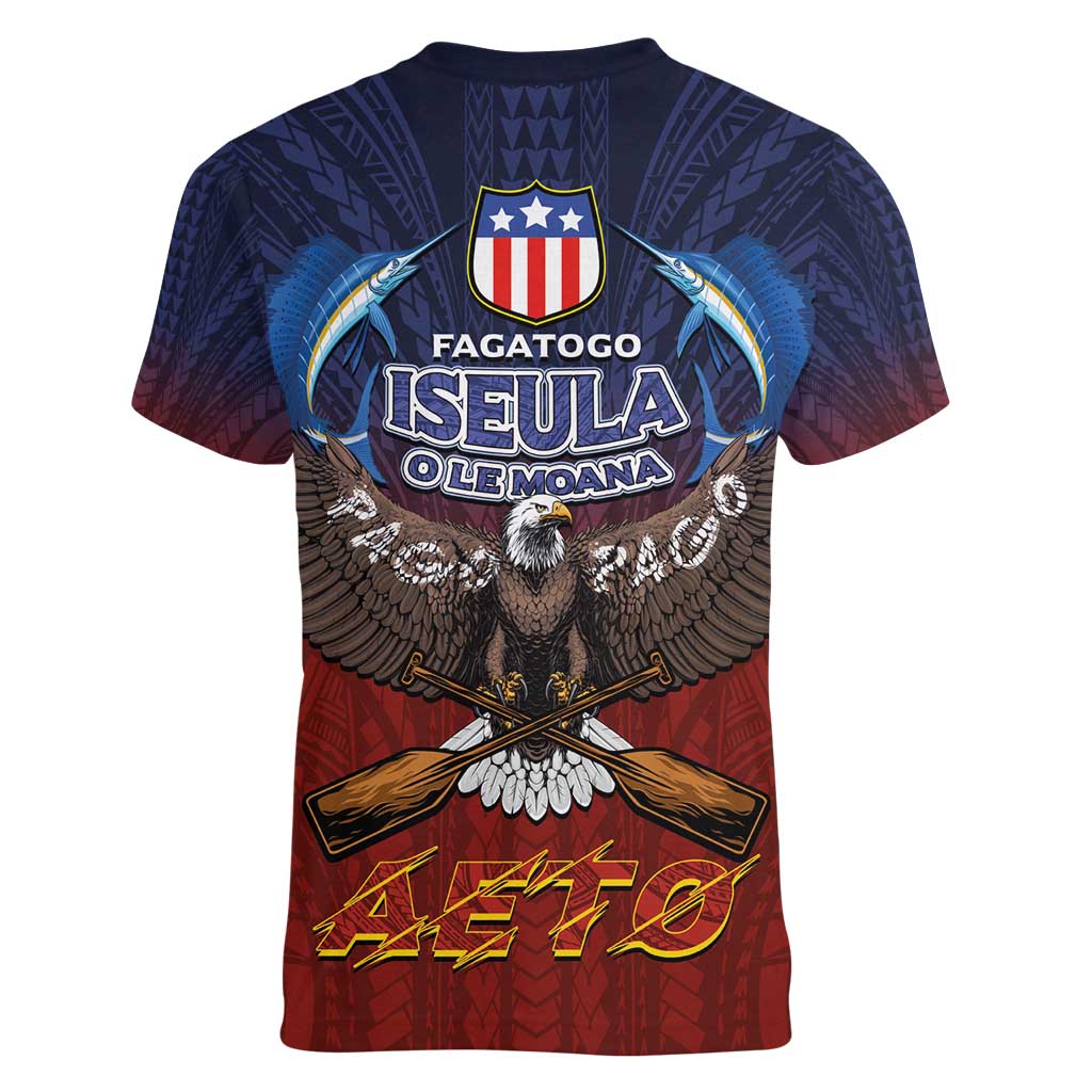 American Samoa Fautasi Women V-Neck T-Shirt Pago Pago Aeto and Iseula o le Moana of Fagatogo Red-Blue - Polynesian Pride