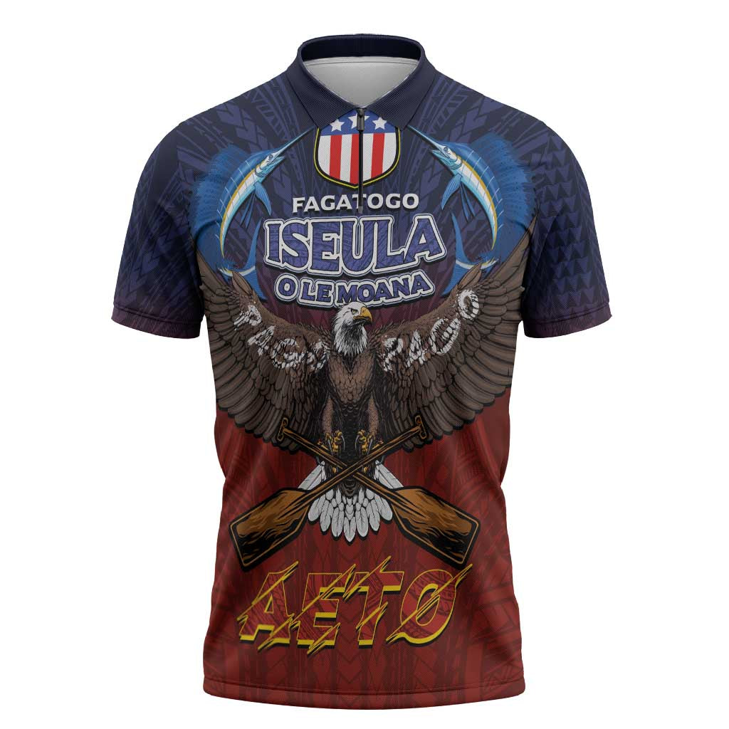 American Samoa Fautasi Zipper Polo Shirt Pago Pago Aeto and Iseula o le Moana of Fagatogo Red-Blue LT03 Blue - Polynesian Pride