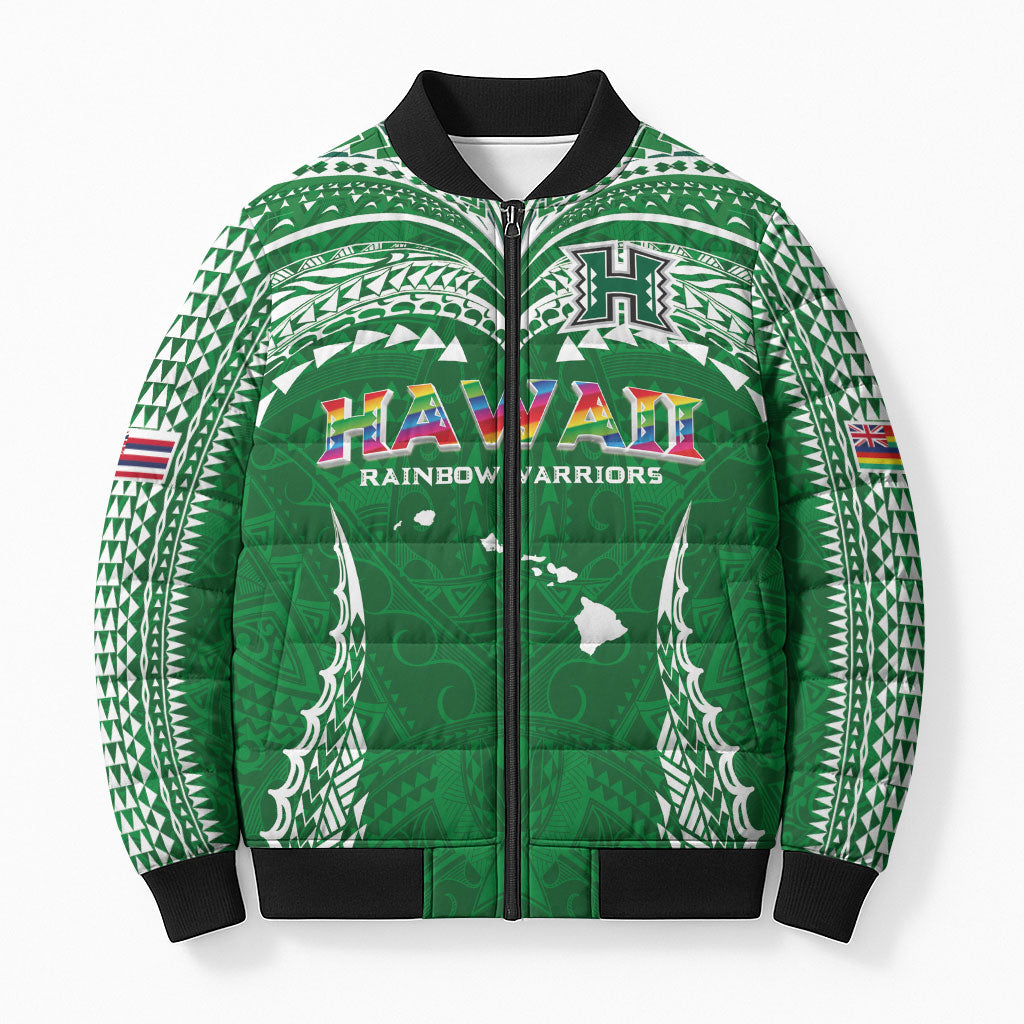 Custom Hawaii Rainbow Warriors Bomber Puffer Jacket Polynesian Motif Green Color