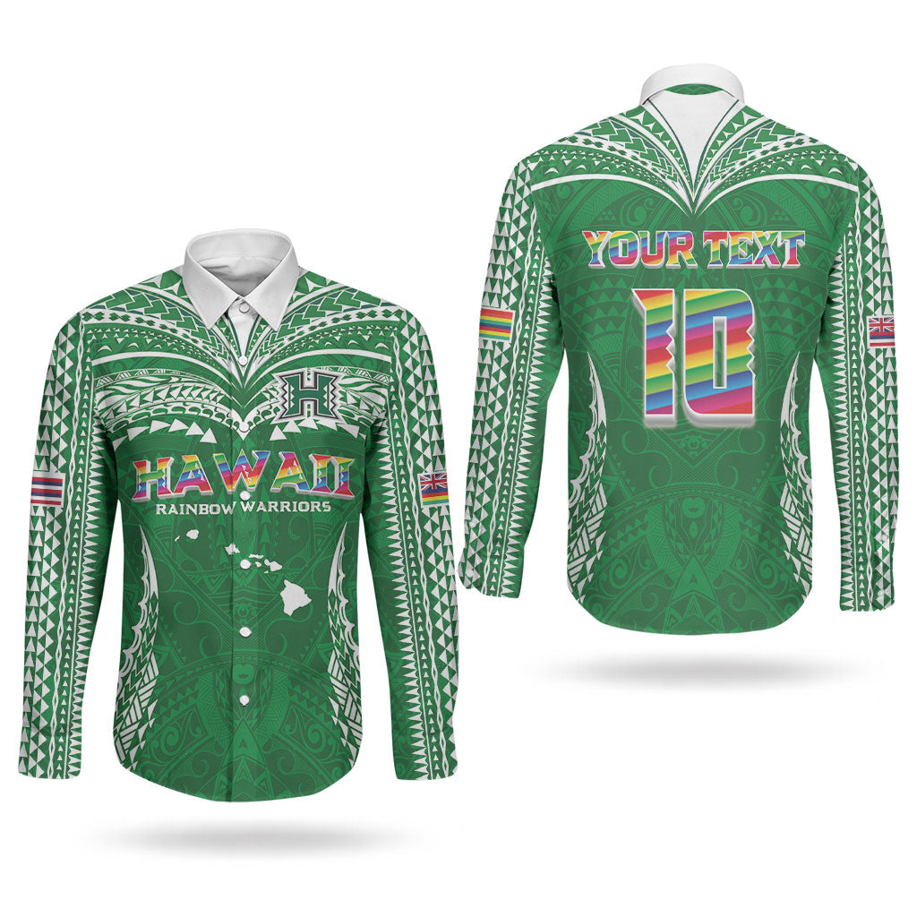 Custom Hawaii Rainbow Warriors Couples Matching Long Sleeve Bodycon Dress and Long Sleeve Button Shirt Polynesian Motif Green Color