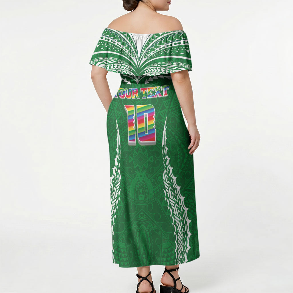 Custom Hawaii Rainbow Warriors Off Shoulder Maxi Dress Polynesian Motif Green Color