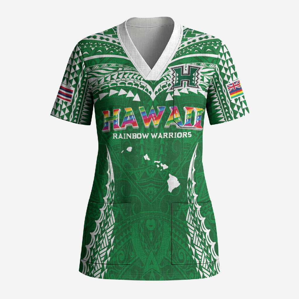 Custom Hawaii Rainbow Warriors Scrub Top Polynesian Motif Green Color