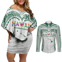 Custom Hawaii Rainbow Warriors Couples Matching Off Shoulder Short Dress and Long Sleeve Button Shirt Polynesian Motif White Color
