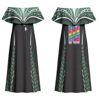 Custom Hawaii Rainbow Warriors Couples Matching Off Shoulder Maxi Dress and Long Sleeve Button Shirt Polynesian Motif Black Color