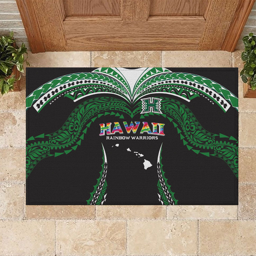 Hawaii Rainbow Warriors Rubber Doormat Polynesian Motif Black Color